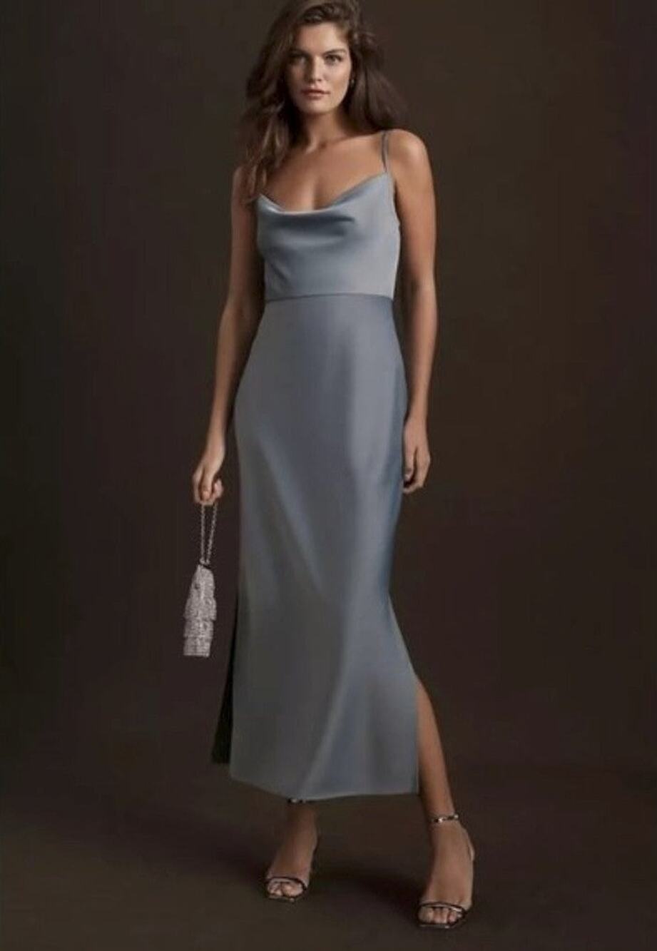 BHLDN Cali Satin Cowl-Neck Midi Slip Dress Dusty Blue - 2